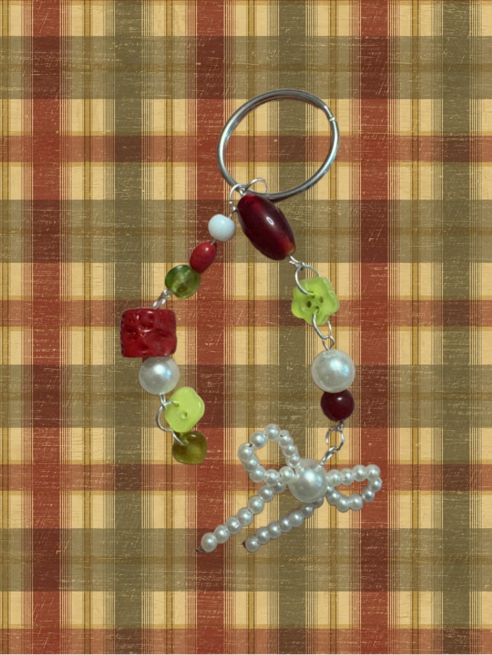 Handcrafted Red, Green & White Beaded Keychain with Pearl Bow